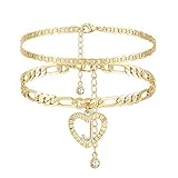 YANODA Initial Ankle Bracelets for Women 14K Gold Plated Layered Figaro Chain Letter Initial Anklets Handmade Layered Heart Ankle Bracelets Personalized Gifts for Women Teen Girls J