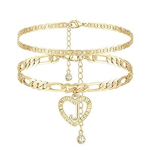 YANODA Initial Ankle Bracelets for Women 14K Gold Plated Layered Figaro Chain Letter Initial Anklets Handmade Layered Heart Ankle Bracelets Personalized Jewelry for Women