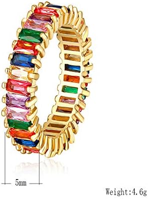 Rainbow Square Baguette Zircon Engagement Ring Colorful Cubic Zirconia Stackable Eternity Band Ring Gold Filled Copper Geometric Thin Line Multicolor Pava CZ Finger Ring for Women Girl Party Jewelry - Image 2