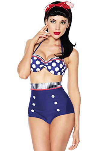 Biquíni Pin Up Retrô Cintura Alta Vintage Com Bolinhas Azul-Marinho (GG)