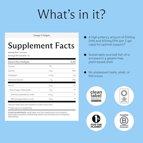 Image of Needed. Prenatal Omega-3 - High Potency Dose of Sustainably Sourced Fish Oil, 1000mg DHA, 1000mg EPA, Encased in a Gelatin-Free, Plant-Based Softgel Shell