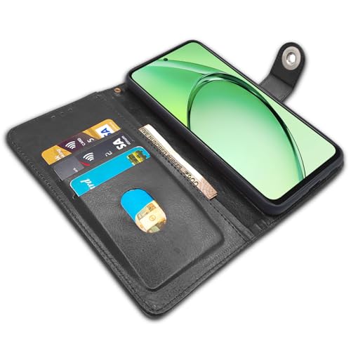 Image of Pikkme Flip Cover Leather Finish | Inside TPU with Card Pockets | Wallet Stand and Shock Proof | Complete Protection Button Flip Case for Oppo K12x 5G (Black)