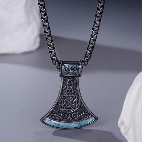 Black Viking Necklace for Men 925 Sterling Silver Turquoise Viking Axe Necklace Norse Viking Gifts for Men Women2