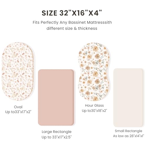 Image of Konssy 3 Pack Stretchy Bassinet Sheets for Baby Girl Boy, Soft Breathable Baby Bassinet Mattress Sheets Fit for Hourglass Oval Cradle, Moses Basket Rectangle Mattress (Flourish)