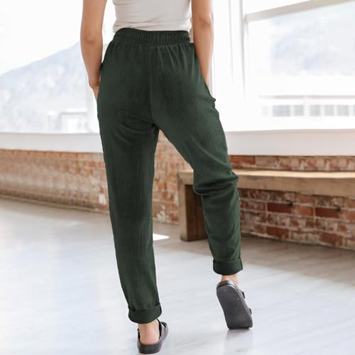 eoeioa Womens Corduroy Pants Casual Comfy High Waisted Drawstring Straight Leg Pants Cuffed Hem Lounge Pant with Pockets2