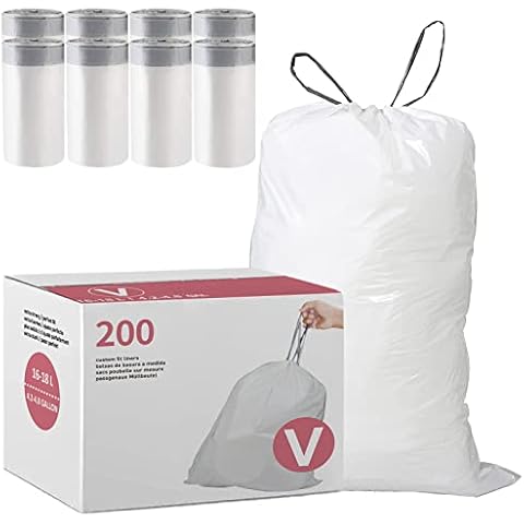 Displayforever Code V Trash Bags Compatible with simplehuman Code V Custom Fit Drawstring Trash Bags | 200 Count 4.2-4.8 Gallon / 16-18 Liter 1.2 Mil | White Heavy Duty Drawstring Garbage Liners Cover