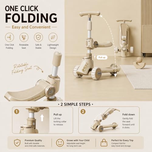 Image of 3-in-1 Convertible Foldable Kids Skating Style Cycle Kick Scooter for 3-14 Years Old Kids with 5-Level Height Adjustable Handle | LED PU Flashing Wheels | Max Capacity 75 Kg.(Sand Beige)