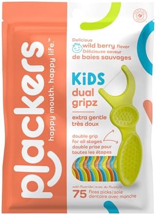 Plackers Kids Dual Gripz Floss Picks with Double Grip handle, Wild Berry Flavor, Colorful Floss Picks for Kids of All Ages, 75 Count (Pack of 1)