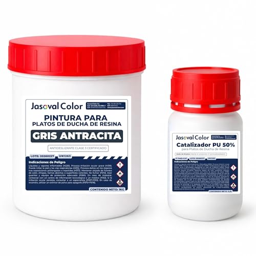 Jasoval Color Pintura para Plato de Ducha de Resina Antideslizante - Kit de Reparación para Plato de Ducha sin Obras - (Gris Antracita, 1,5 kg)