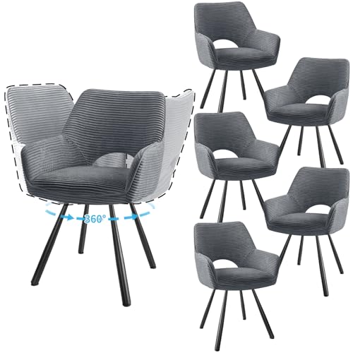 JIJIAN 6er Set Esszimmerstuhl Drehbar mit Armlehne, Drehbar 360°, Küchenstuhl, Moderner Polsterstuhl mit Stoffrückenlehne für Küche, Esszimmer, Schlafzimmer, Grau