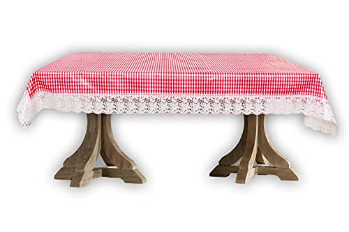 Image of The Furnishing Tree Waterproof PVC Rectangle Shaped 2 Seater Table Cover WxL 45x70 inches Pin Check Pattern Pink with White Border lace