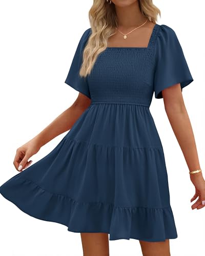 Image of BTFBM Womens Summer Smocked Mini Dress Spring Square Neck Flutter Sleeve Casual Ruffle Swing Boho Beach Dresses Pockets