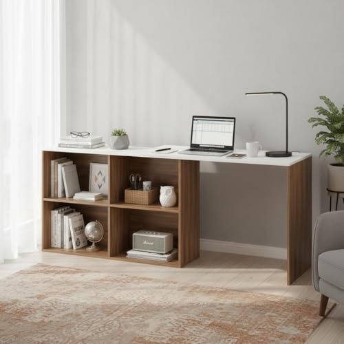 Image of FURNEASER Maggen Engineered Wood Study Table, Workstation, Rotatable Computer Laptop, WFH Office Desk Gaming Table with Storage, Large (Exotic Teak & White)