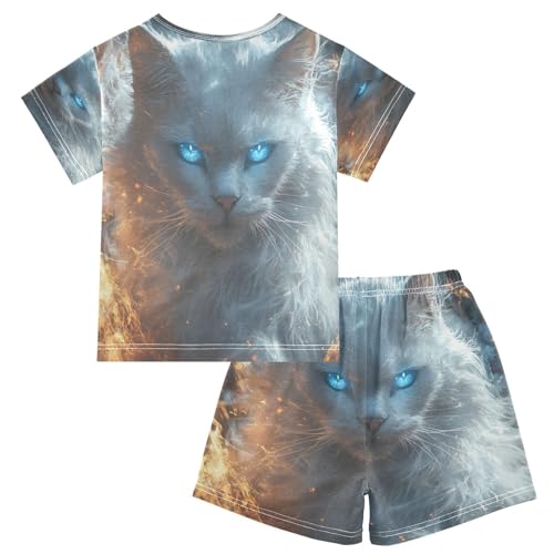 ALAZA Magic Cat Kitten Pajamas Set Short Sleeve Cotton Sleepwear Summer Pjs 2 Piece 5-14Y2