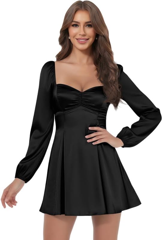 Dvdci Satin Long Sleeve Homecoming Dresses for Women Sweetheart Ruched Corset Fall Cocktail Party Gown