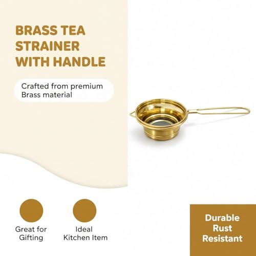 Image of Brass Tea Strainer with Handle | Chai channi pital | Loose Leaf Tea & Coffee Steeper peetal | Fine Mesh Eco-Friendly Filter | Durable Reusable Chai Strainer for Kitchen & Gifting