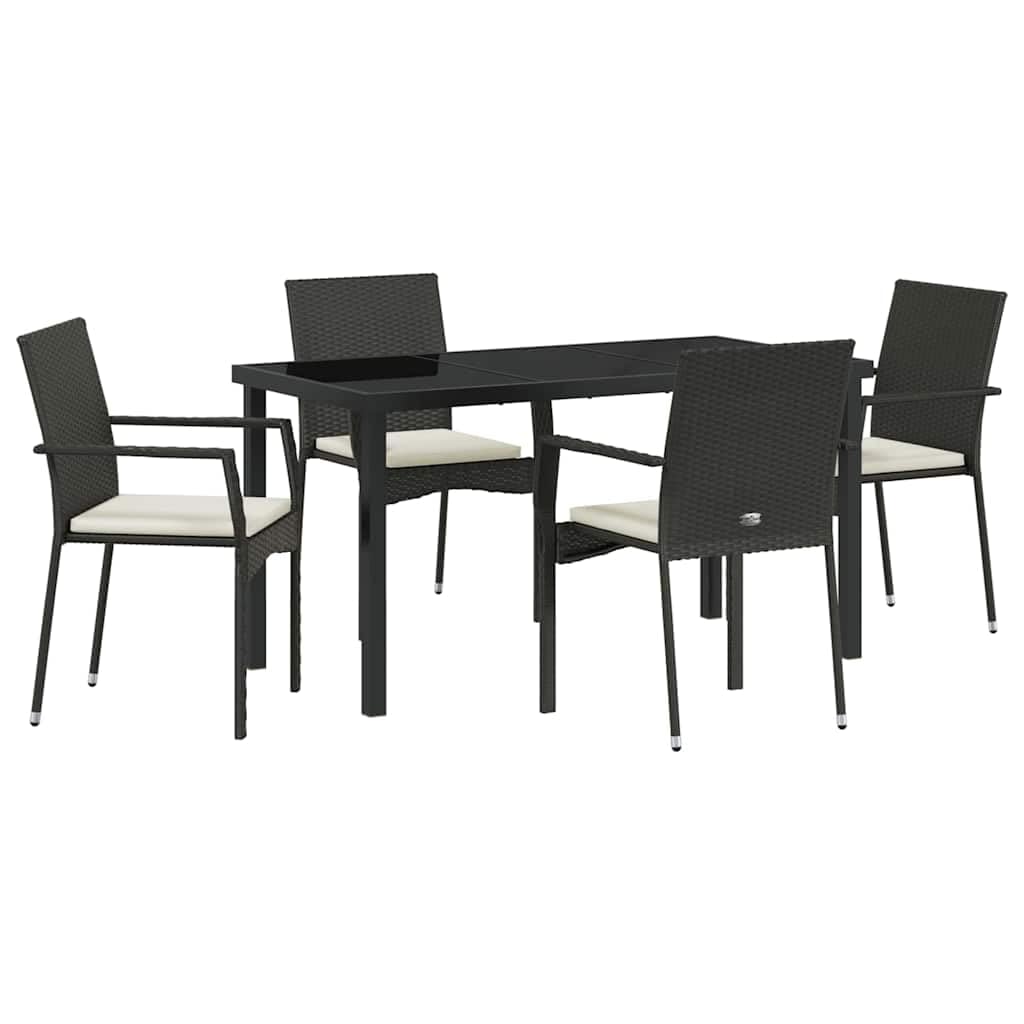Salon de jardin 5 pièces noir en polyrotin avec table en verre et cadre en acier