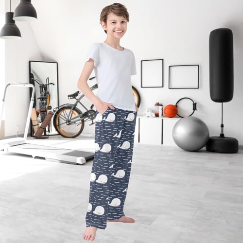 Boy's Pants White Whale Wave Dark Blue Jogger Pants Elastic Waist Long Bottoms Trousers with Pockets 6-14 Years 6
