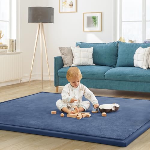 Image of Baby Play Mat for Floor Nursery Rug Muscle Mat Area Rug Playroom Rug 79 inchx138 inch Playpen Mat Elastic Foam 1.3 inch Thick Crawling Mat for Babies,Toddlers, Infants, Kids,Sapphire Blue