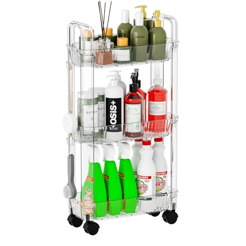 3 Tier Slim Rolling Storage Cart with Wheels for Small Space,Clear Modern Design Slim Utility Cart...