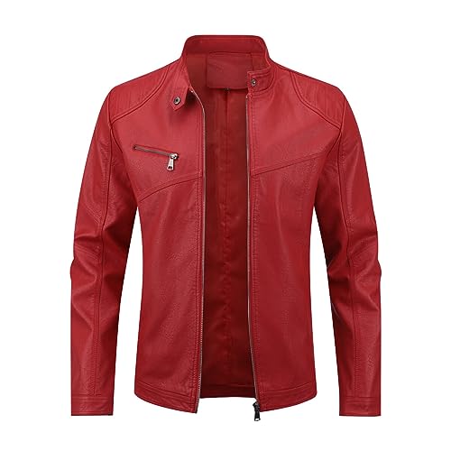 Image of Allthemen Mens Leather Jackets Casual Stand Collar Jacket Full Zipper Bomber Jacket Long Sleeve Outdoor #08 Red M