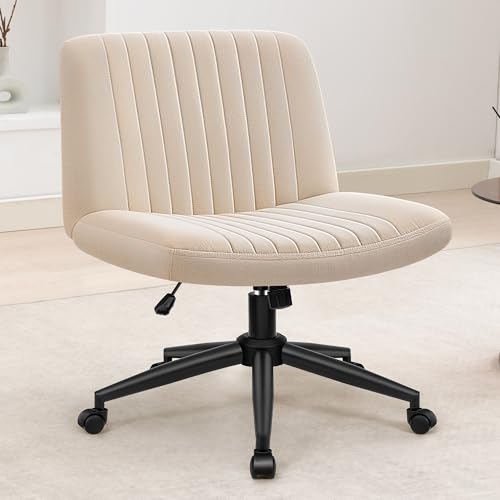 Armless-Office Desk Chair, PU Leather Cross Legged Wide Chair, Ergonomic Wide Vanity Swivel Accent Chair, Height Adjustable Comfy Computer Chair for Home Office Black