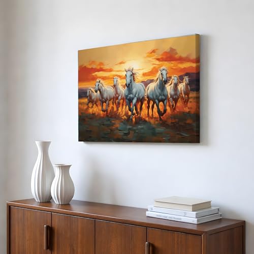 Image of 7 Running Horses Vastu Stretched Canvas Painting For Living Room Seven White Horses Wall Art Painting Symbol of Success, Growth & Positive Energy Wall Art for Home & Office, 12x16 Inch