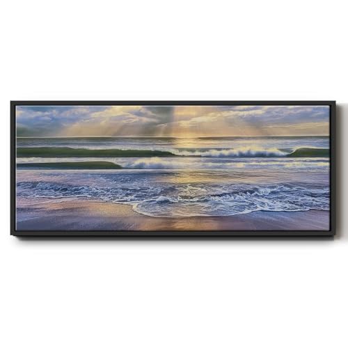 Renditions Gallery Landscape Canvas Home Decor Clouds over Blue Ocean Floater Framed Wall Hangings for Office Bedroom Kitchen Lobby - 8"x20" Black Frame LT611