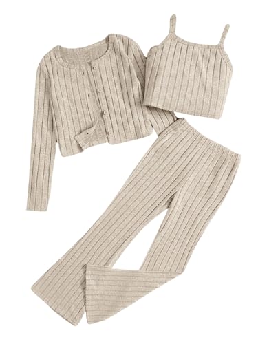 Image of MakeMeChic Girl's 3 Piece Outfits Ribbed Knit Button Down Long Sleeve Cardigan and Flared Pants with Cami Crop Tops Apricot 11-12Y