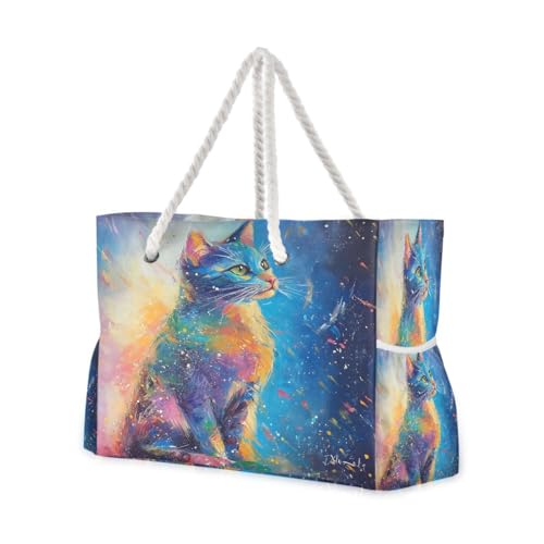 Large Beach Bags Totes Canvas Tote Shoulder Bag Colorful Cats Water Resistant Bags for Gym Travel Daily