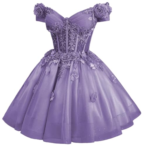Image of Zhangyo Sparkly Tulle Homecoming Dresses for Teens Off Shoulder DAMA Dress | Sparkly Tulle Homecoming Dresses, for Teens, Off Shoulder DAMA Dresses for Quinceanera, 3D Butterfly Short Ball Gown