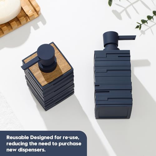 Image of YAUKPH Matte Blue Teak Wood Hand Soap Dispenser 10 oz Square for Bathroom and Kitchen Countertops