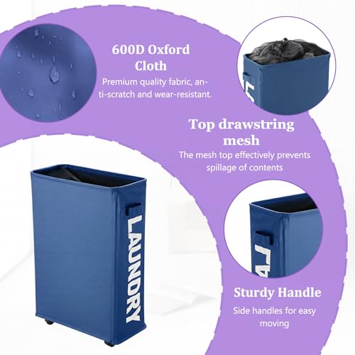 Image of Narrow Laundry Basket with Wheels, 42L Slim Rolling Laundry Hamper with Brake, Collapsible Dirty Clothes Hamper with Mesh Cover & Handle, Storage Bin for Dorm, RV, Small Spaces, Navy Blue