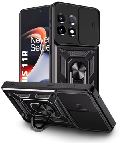 Image of WOW IMAGINE Tough Armor Bumper Mobile Back Case for 1+ OnePlus 11R 5G | Sliding Camera Shield Cover | Shock Proof 360 Protection | Hybrid PC + TPU | Ring Holder with Kickstand - Black