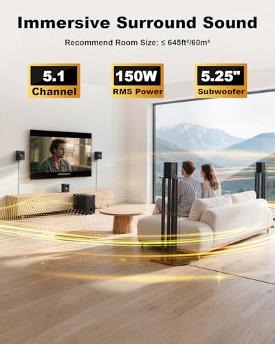 Bobtot Home Theater Systems with 5.25 inch Subwoofer, 5.1 Wired Satellite Surround Sound Speakers, 600 Watts Peak Power Deep Bass Audio Stereo System with FM Radio Bluetooth AUX DVD USB SD Input - Image 6