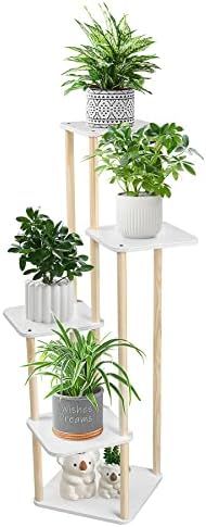 LIWSHWZ Plant Stands for Indoor Plants Multiple Wood 5 Tier Corner plant Shelf Holder Outdoor White Modern for Living Room, Patio, Balcony, Window Sturdy and Attractive Upgrade Design