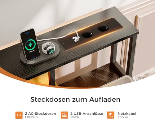 Coleshome Schreibtisch mit 5 Schubladen aus Stoff, Reversibler Gaming Tisch mit Steckdose, Computertisch mit Monitorständer und LED-Leuchten, Home Office Schreibtische, Schwarz, 160x48cm – Bild 5
