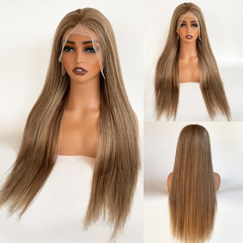 Image of Munx Ombre Highlight 13x6 Lace Front Wigs Human Hair HD Transparent Straight Lace Front Wigs Pre Plucked 180% Density Glueless Colored Honey Blonde Human Hair Wig for Women 24 Inch