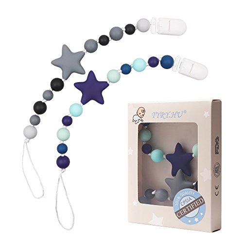 Attache Sucette pour Bébé Garçons et Filles Anneaux de dentition Silicone Attache Tétine Soothie Clips Sucette Chaîne Sans BPA (Bleu Foncé + Gris Foncé)