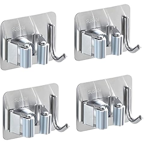 Skoye Mop Broom Holder Wall Mount, 4 Pcs Garage Storage Stainless Steel Heavy Duty Garden Tool Organizer Hanger with with Hooks Hanger Self-Adhesive Storage Rack for Kitchen, Bathroom, Laundry, Door Cover