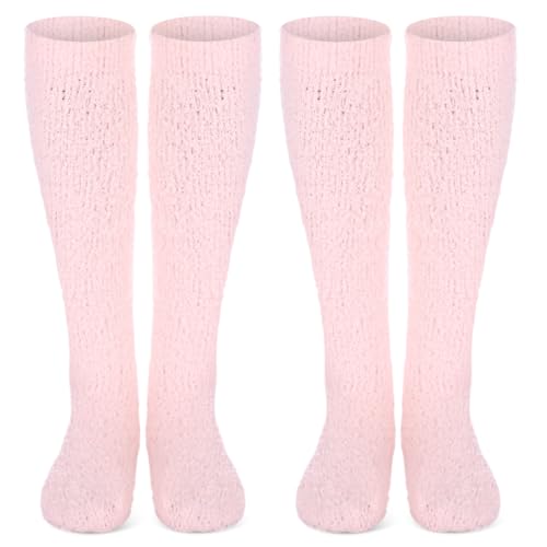 Chicingyou 2 Pairs Fuzzy Socks for Women Soft Warm Fluffy Knee High Socks Winter Cozy Long Stockings(Light Pink)