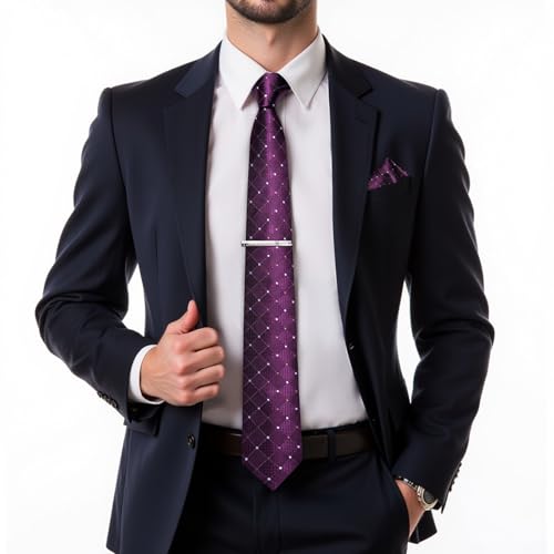 Image of DiBanGu Plaid Ties for Men Silk Checkered Necktie and Pocket Square Cufflinks Tie Clip Set with Gift Box for Wedding Business