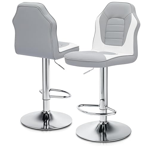 MoNiBloom Racing Style Bar Stools Set of 2, Height Adjustable PU Leather Barstools w/Footrest, 360° Swivel High Backrest Bar Chairs for Kitchen Counter and Pub, Grey-White Blocking, 260 Lbs Capacity