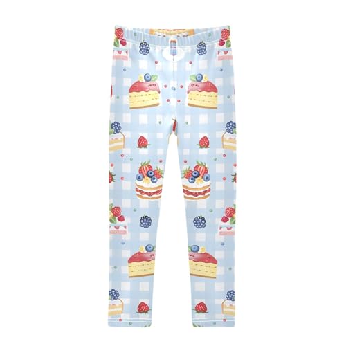 Berries Cakes Blue Checkered Girls Leggings Soft Stretch Workout Yoga Dance Pants for Kids Casual Tights