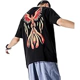 HaiZi XiHuan Camiseta bordada de verano con diseño de fénix para hombre, estilo chino, estilo urbano, anime, para hombre, camisetas gráficas, Negro -, Medium