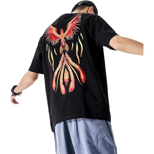 Image of HaiZi XiHuan Men's Summer Phoenix Embroidered T Shirt Chinese Style Street Fashion Shirt Anime Mens Shirts Graphic Tee Shirts, Black, XL