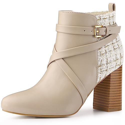 Allegra K Allegra K Women's Pointy Toe Plaid Crisscross Strap Buckle Chunky Heels Beige Ankle Booties 9 M US