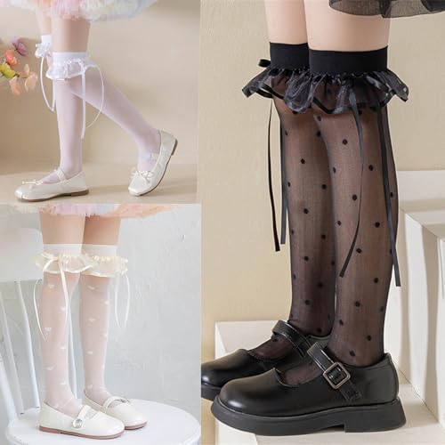 Thigh High Socks, Soft Thin Socks Seethrough Thin NonSlip Stretchy Lace Kneehigh Sock Kids Dancing Dress Sock3