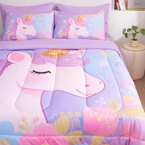Image of Purple Unicorn Bedding Queen 7-Piece Comforter Set for Girls, Super Soft Microfiber Bed Set Bed in a Bag with Comforter Sheets Pillowcase & Sham (Purple Unicorn - No Text, 7 Piece Queen Size