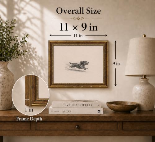 Image of Gold Framed 3D Textured Wall Art, Vintage Sketch Running Dog Canvas Prints, Minimalist Zoomies Flight Dog Pictures Decor, Neutral Funny Animal Gallery Artwork for Living Room Bedroom Nursery 11x9 in